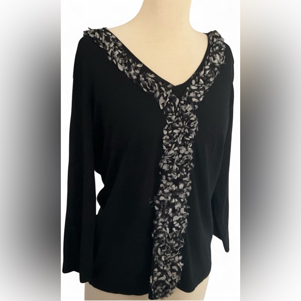 Elegant Nature Art by Lynn Wang Black V-Neck Blouse Women’s Large Long Sleeve